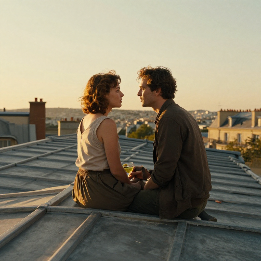 Scène romantique de film français sur les toits de Paris